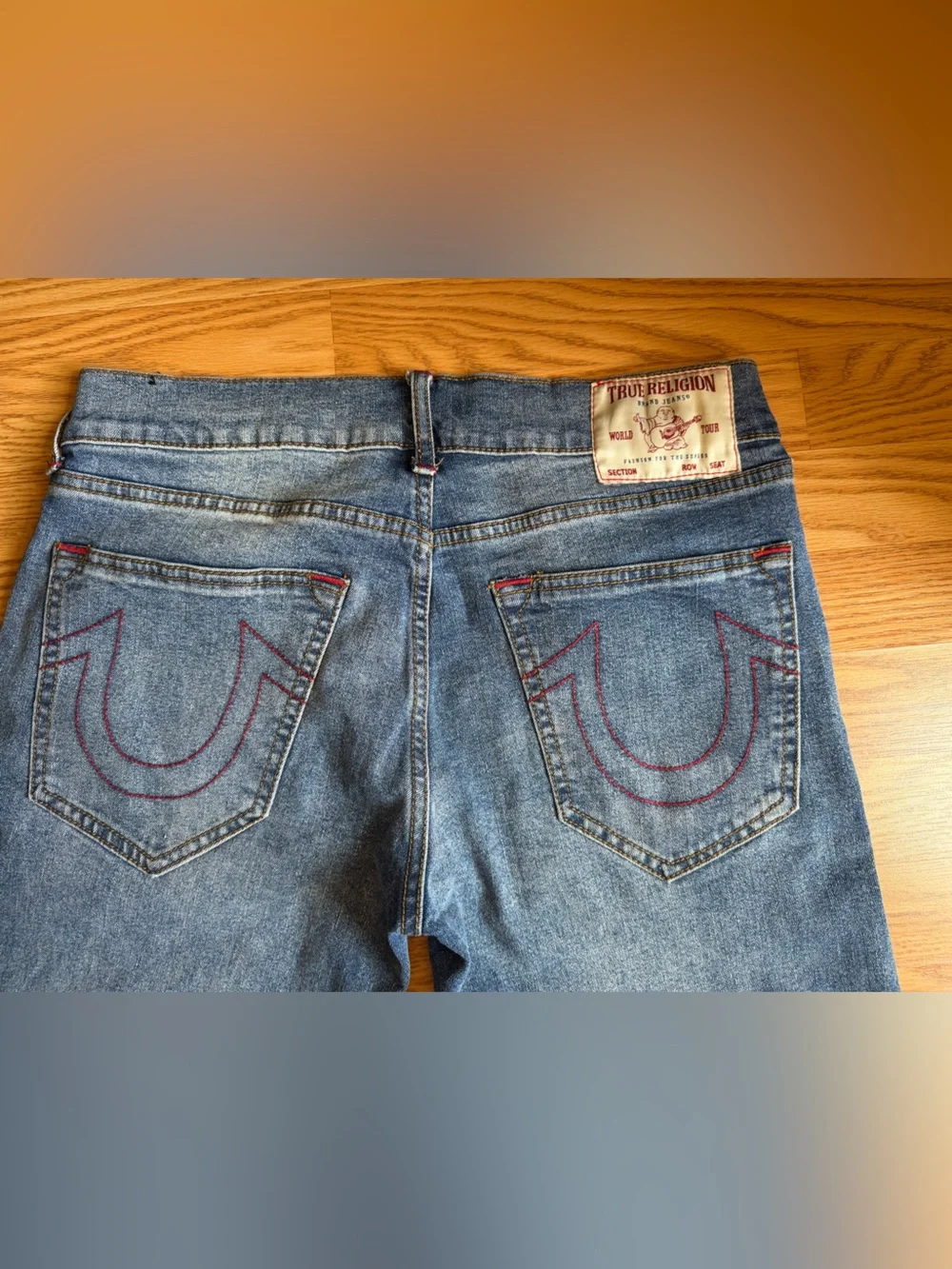 True Religion Ricky Straight Jeans Mens 32 Medium Wash Red Stitch Denim